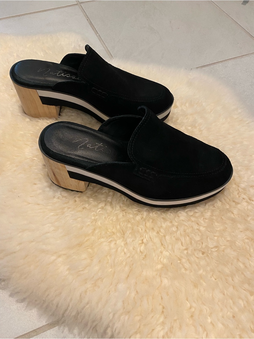 Black Suede Mule Heels with Wood Block Heel
